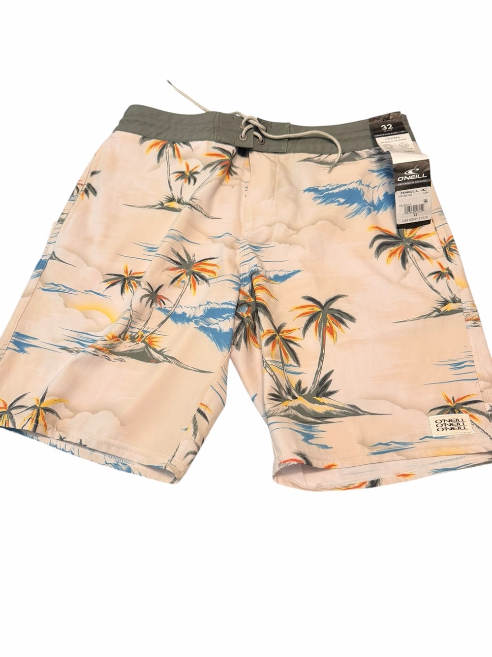 O'Neill Men's Peach Palm Print Board Shorts with Gray Waistband